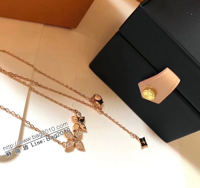 Louis Vuitton純銀飾品 路易威登滿鑽雙花項鏈 LV簡約四葉草玫瑰金鎖骨鏈  zglv2192